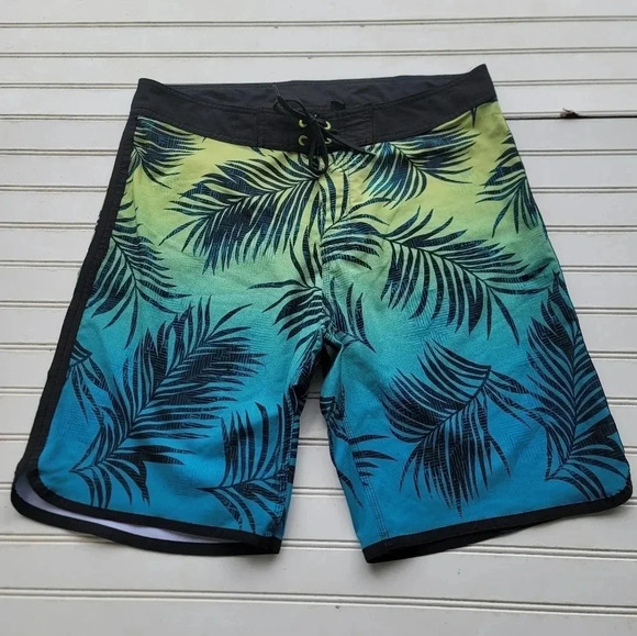 Burnside Swim Trunks Board Shorts Mens 34 Back Pocket No Linear Palm Blue Tree’s - Picture 1 of 11
